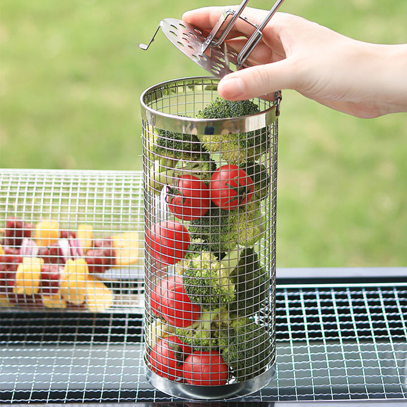 304 Food Grade Stainless Steel Rolling BBQ Grill Basket with Anti-Scald Wooden Handle