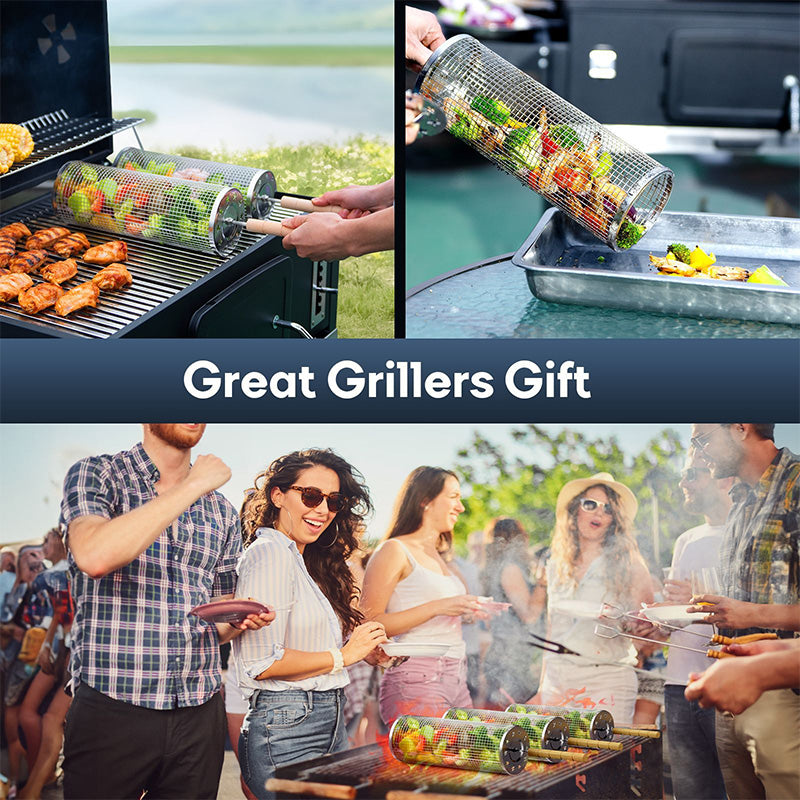 304 Food Grade Stainless Steel Rolling BBQ Grill Basket with Anti-Scald Wooden Handle