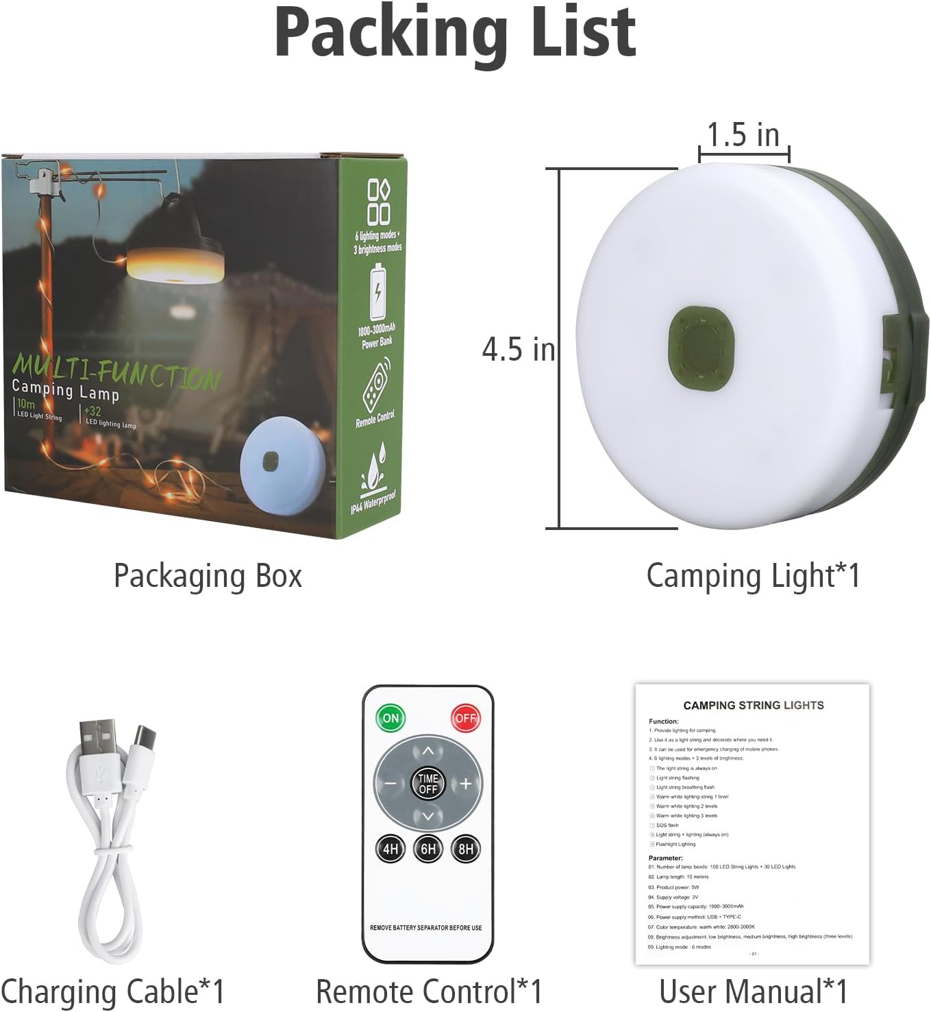 4‑in‑1 Retractable Camping String Lights, Rechargeable LED Tent Light with Remote Timer for Camping Garden