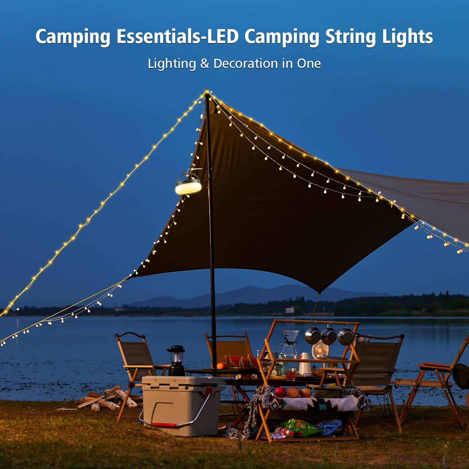 4‑in‑1 Retractable Camping String Lights, Rechargeable LED Tent Light with Remote Timer for Camping Garden