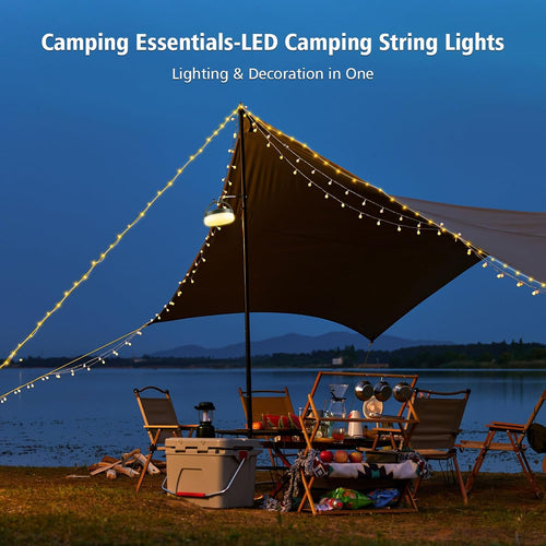 4‑in‑1 Retractable Camping String Lights, Rechargeable LED Tent Light with Remote Timer for Camping Garden