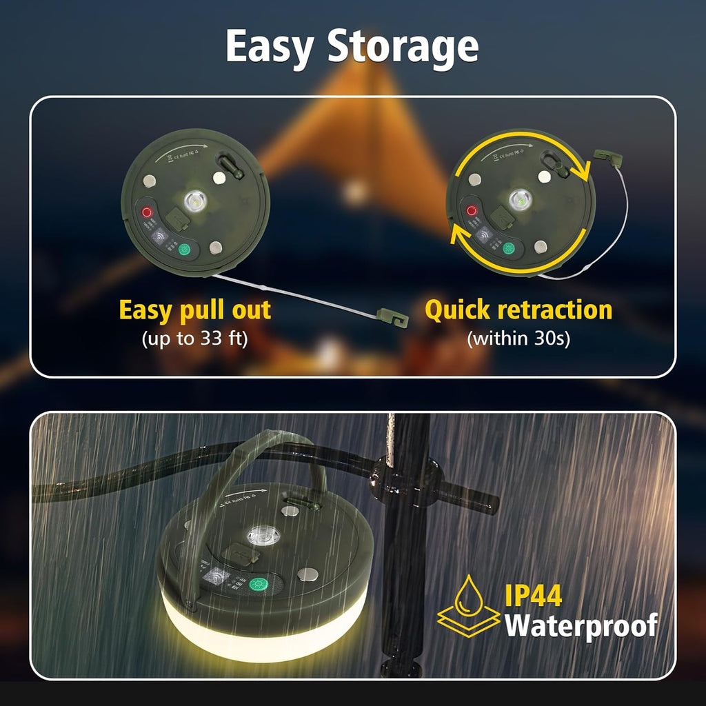 4‑in‑1 Retractable Camping String Lights, Rechargeable LED Tent Light with Remote Timer for Camping Garden
