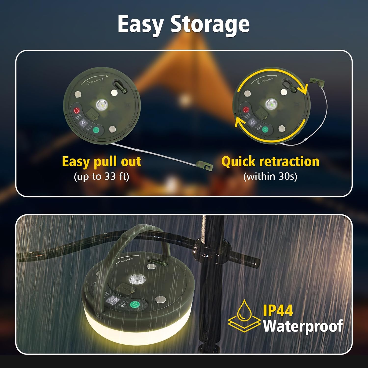 4‑in‑1 Retractable Camping String Lights, Rechargeable LED Tent Light with Remote Timer for Camping Garden