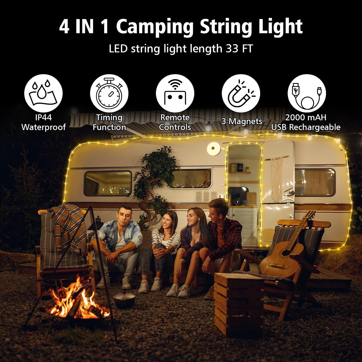 4‑in‑1 Retractable Camping String Lights, Rechargeable LED Tent Light with Remote Timer for Camping Garden
