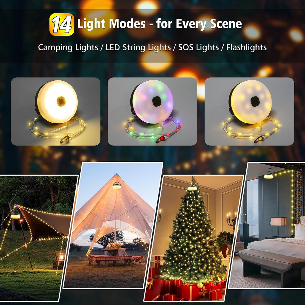 4‑in‑1 Retractable Camping String Lights, Rechargeable LED Tent Light with Remote Timer for Camping Garden