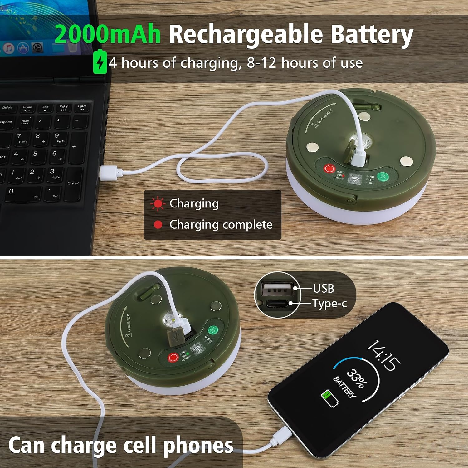 4‑in‑1 Retractable Camping String Lights, Rechargeable LED Tent Light with Remote Timer for Camping Garden