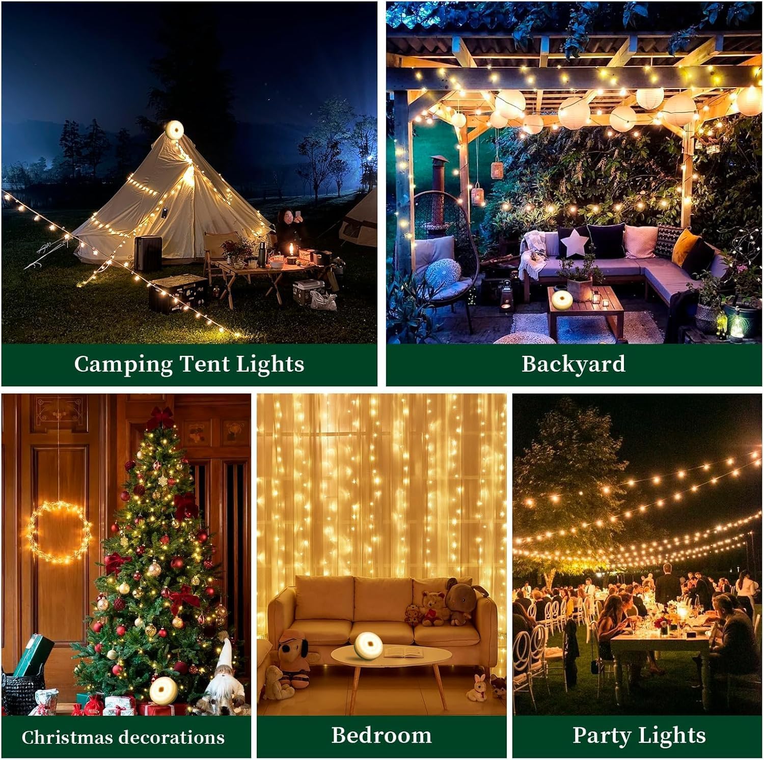 4‑in‑1 Retractable Camping String Lights, Rechargeable LED Tent Light with Remote Timer for Camping Garden