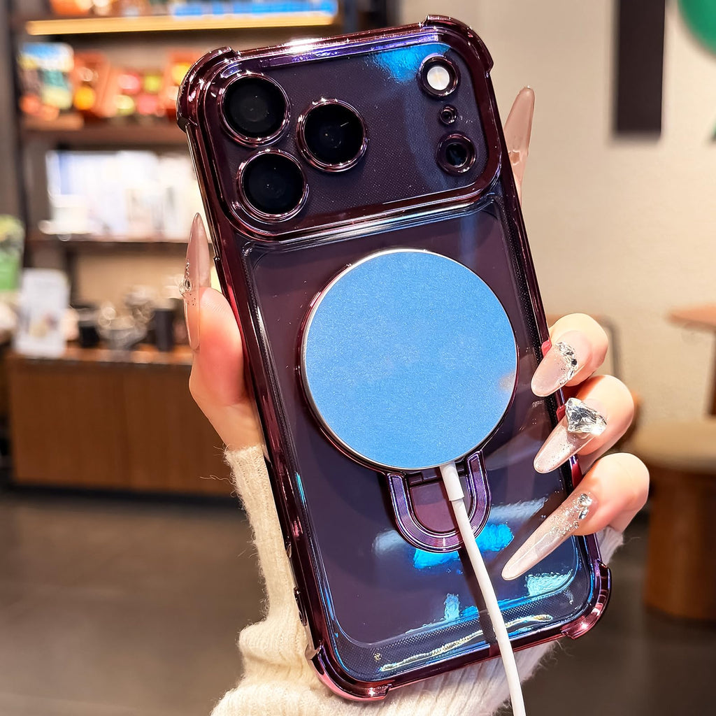 Magnetic Clear iPhone Case with Built-in Kickstand, Anti-Yellow Electroplated Shockproof Phone Cover