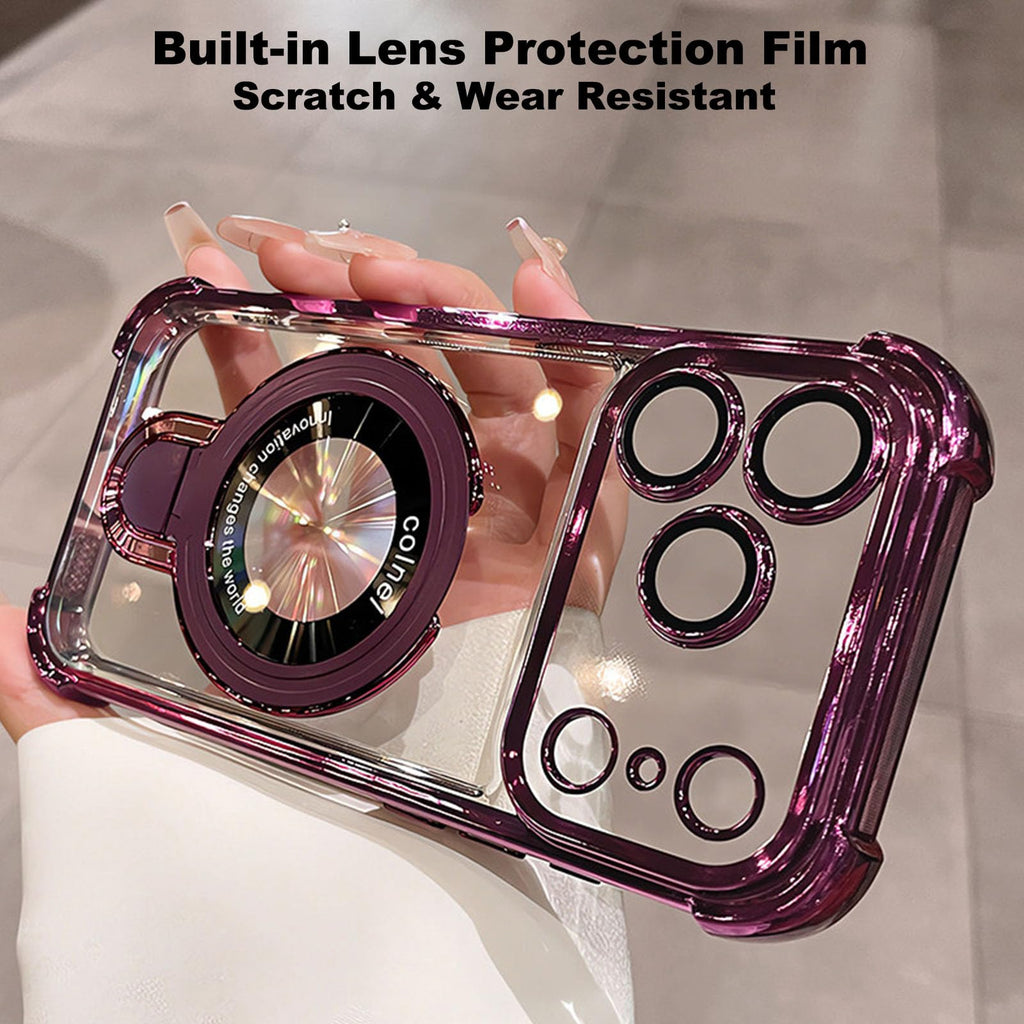 Magnetic Clear iPhone Case with Built-in Kickstand, Anti-Yellow Electroplated Shockproof Phone Cover