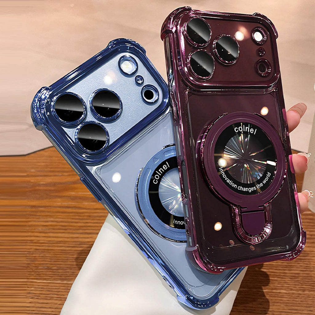 Magnetic Clear iPhone Case with Built-in Kickstand, Anti-Yellow Electroplated Shockproof Phone Cover