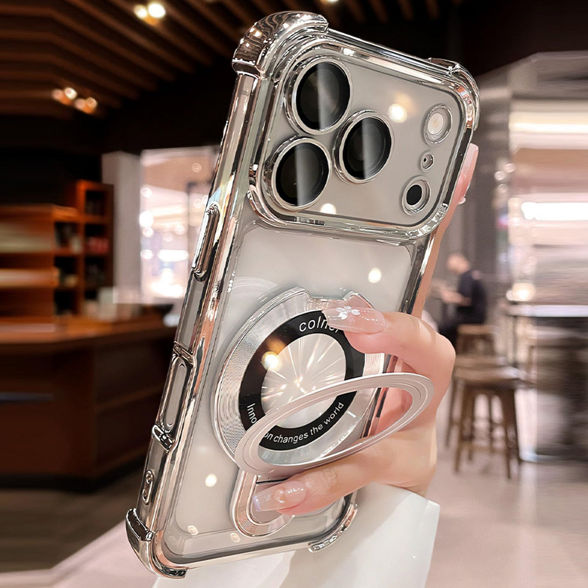 Magnetic Clear iPhone Case with Built-in Kickstand, Anti-Yellow Electroplated Shockproof Phone Cover