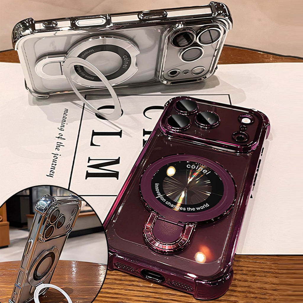 Magnetic Clear iPhone Case with Built-in Kickstand, Anti-Yellow Electroplated Shockproof Phone Cover